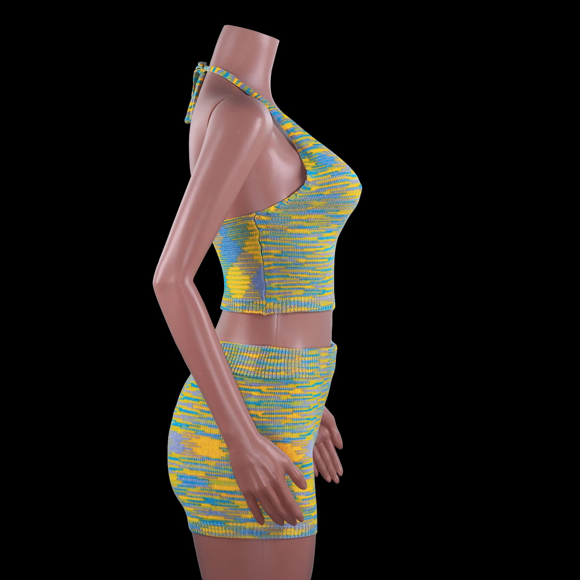 Rainbow Print Halter Cut Out Crop Top and Shorts 2 Piece Matching Set Club Fashion Outfits Loungewear Set