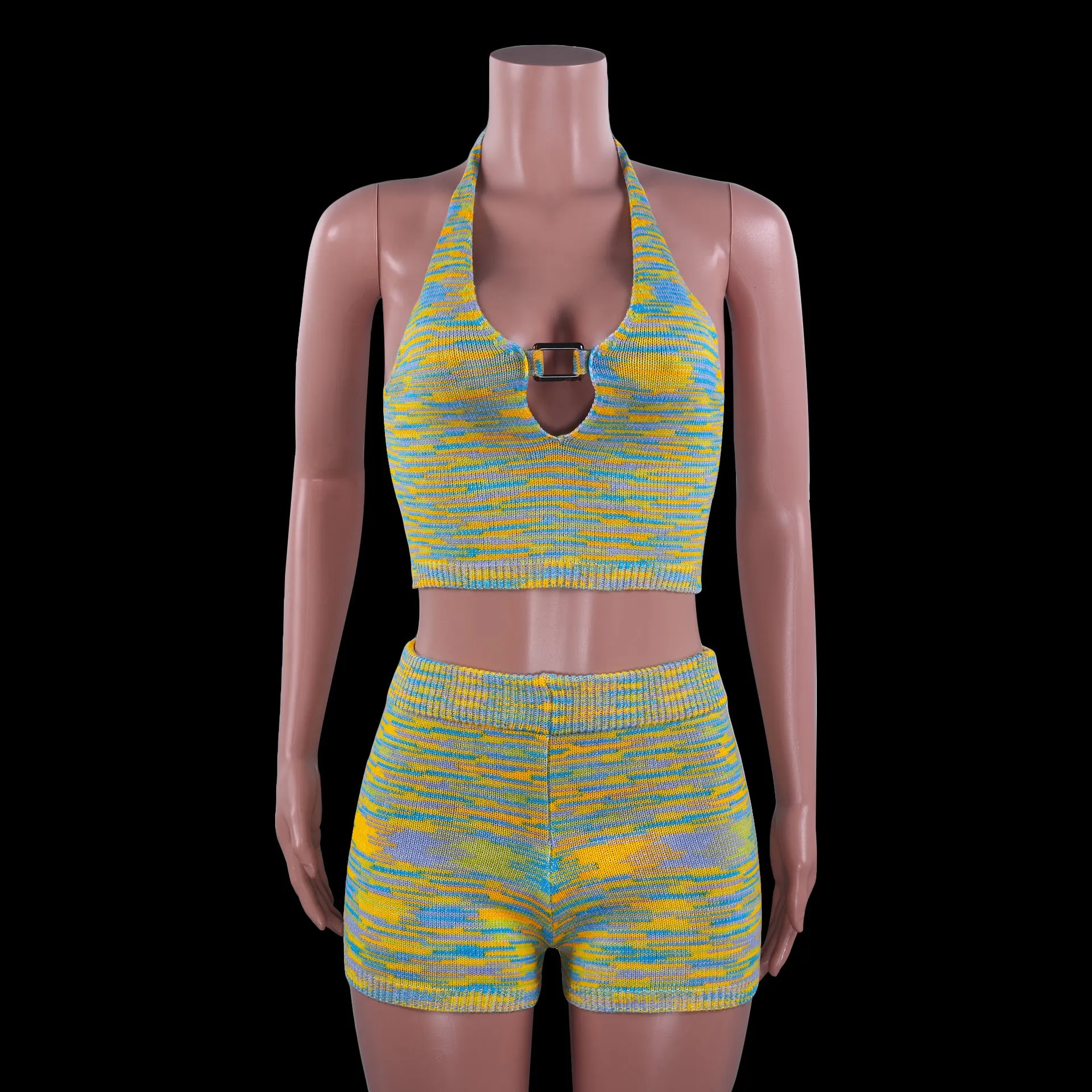 Rainbow Print Halter Cut Out Crop Top and Shorts 2 Piece Matching Set Club Fashion Outfits Loungewear Set
