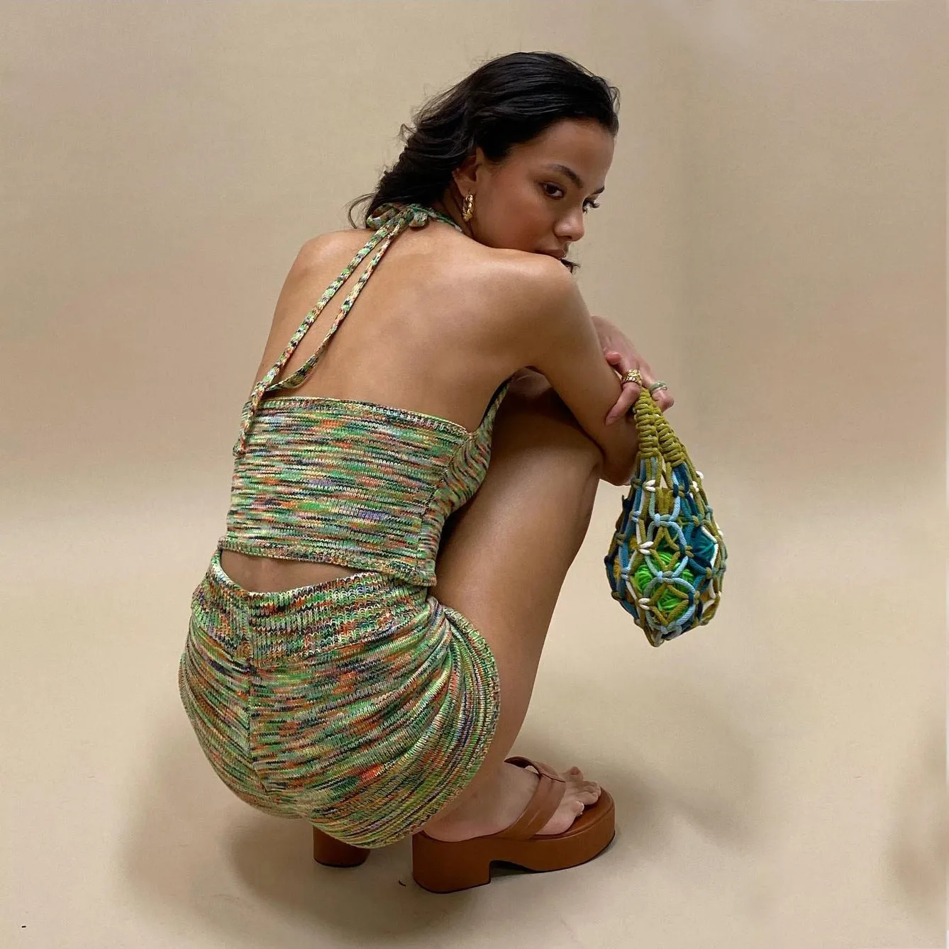 Rainbow Print Halter Cut Out Crop Top and Shorts 2 Piece Matching Set Club Fashion Outfits Loungewear Set