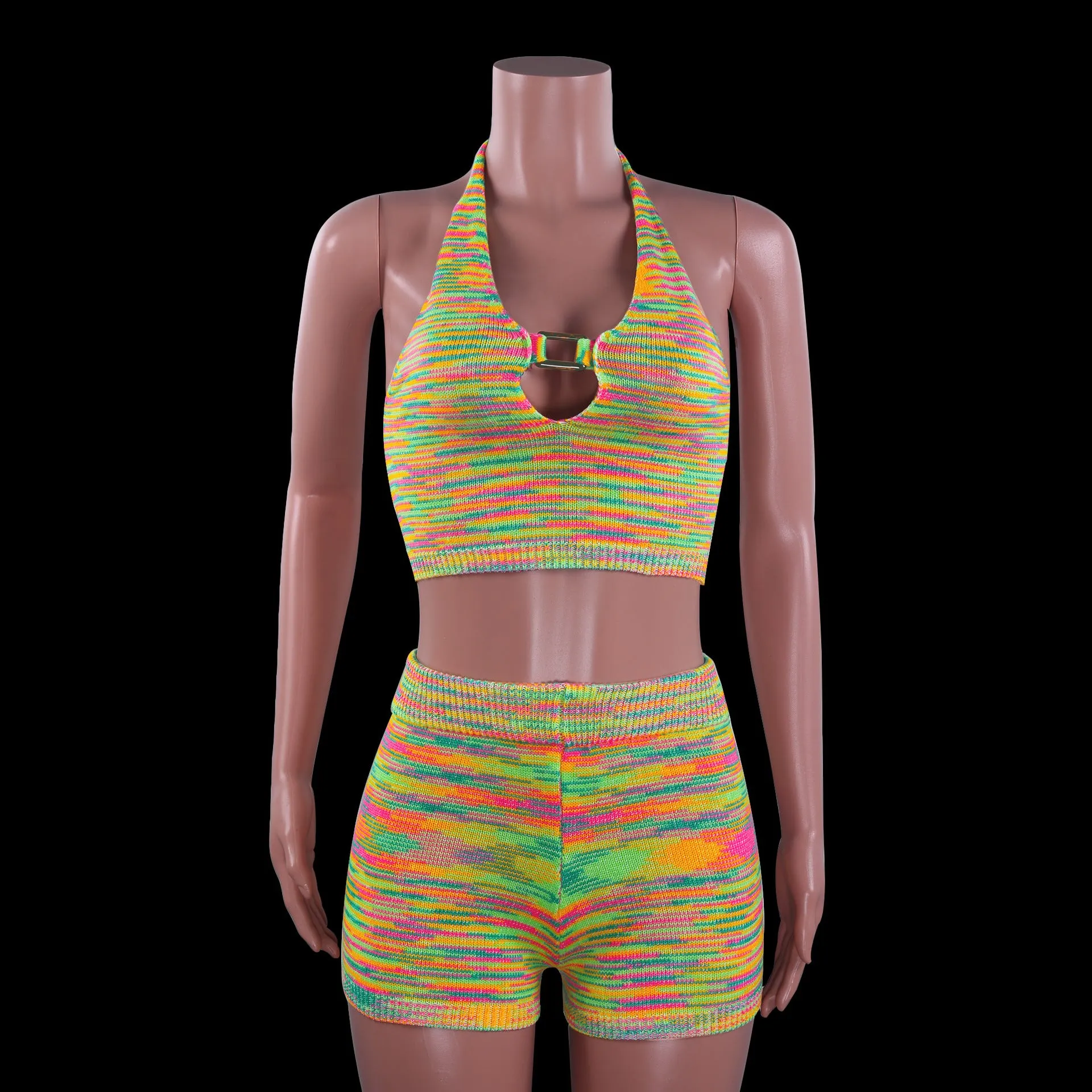 Rainbow Print Halter Cut Out Crop Top and Shorts 2 Piece Matching Set Club Fashion Outfits Loungewear Set