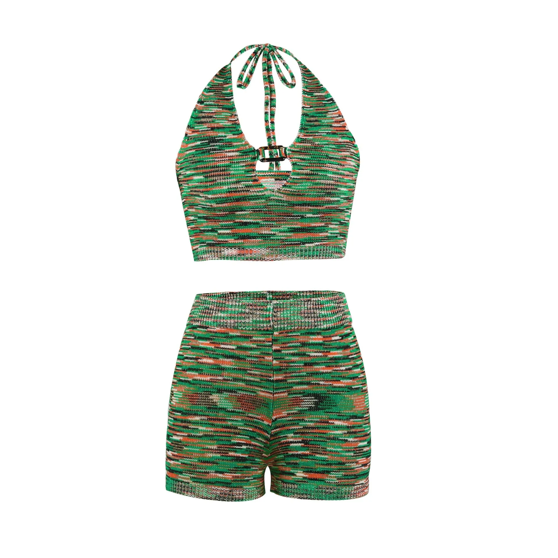 Rainbow Print Halter Cut Out Crop Top and Shorts 2 Piece Matching Set Club Fashion Outfits Loungewear Set