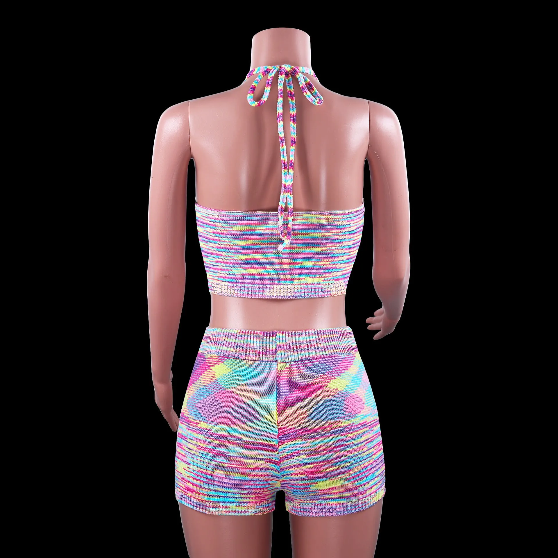 Rainbow Print Halter Cut Out Crop Top and Shorts 2 Piece Matching Set Club Fashion Outfits Loungewear Set