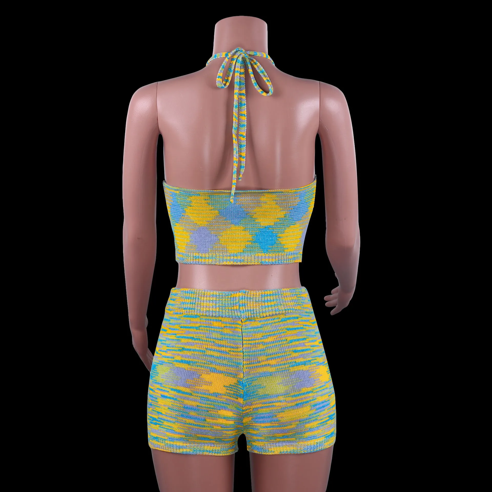 Rainbow Print Halter Cut Out Crop Top and Shorts 2 Piece Matching Set Club Fashion Outfits Loungewear Set