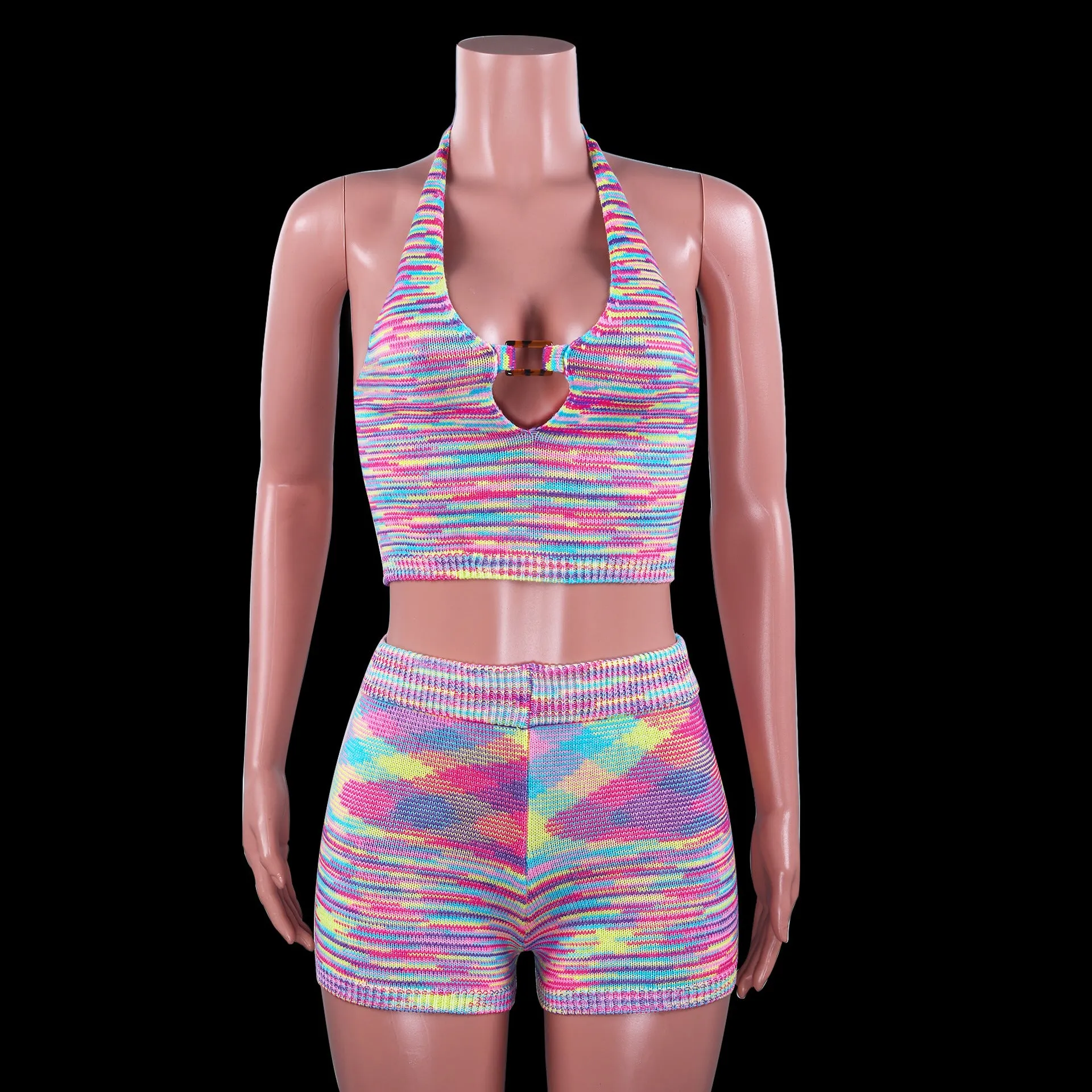 Rainbow Print Halter Cut Out Crop Top and Shorts 2 Piece Matching Set Club Fashion Outfits Loungewear Set