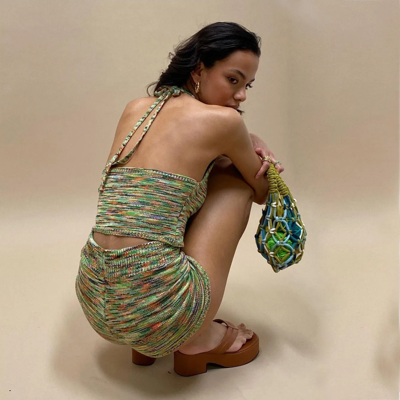 Rainbow Print Halter Cut Out Crop Top and Shorts 2 Piece Matching Set Club Fashion Outfits Loungewear Set