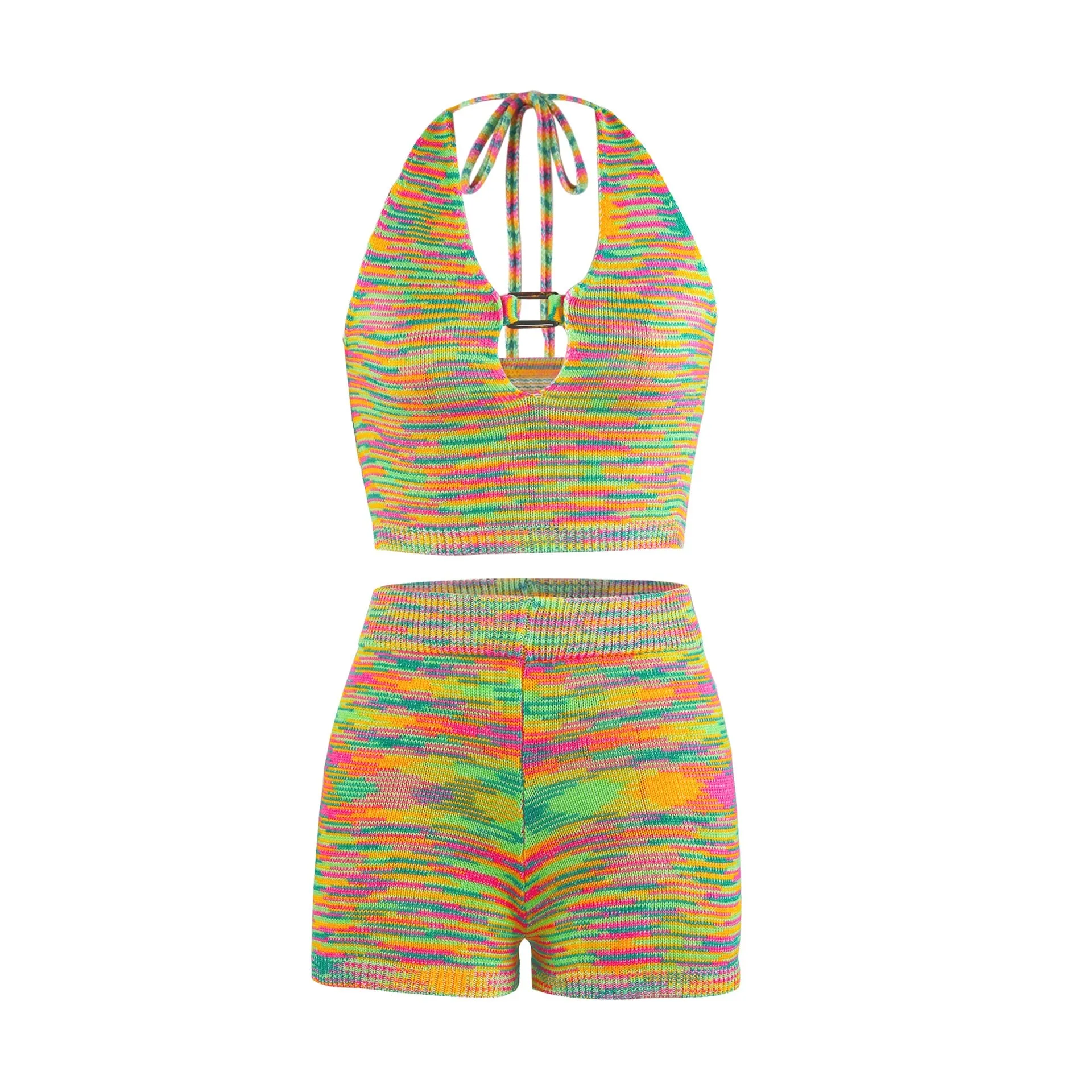 Rainbow Print Halter Cut Out Crop Top and Shorts 2 Piece Matching Set Club Fashion Outfits Loungewear Set