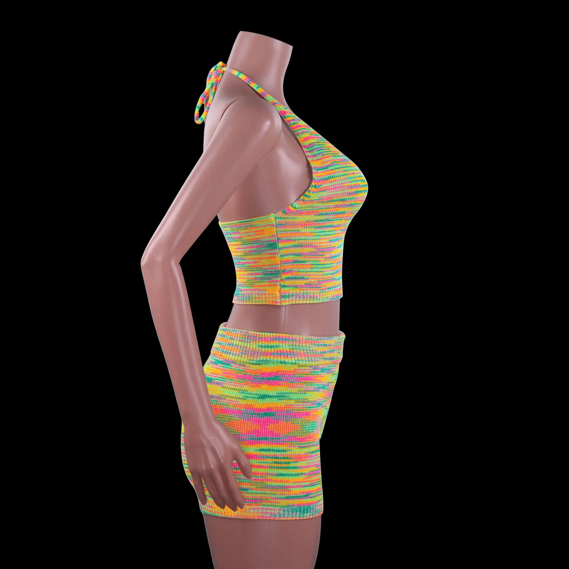 Rainbow Print Halter Cut Out Crop Top and Shorts 2 Piece Matching Set Club Fashion Outfits Loungewear Set