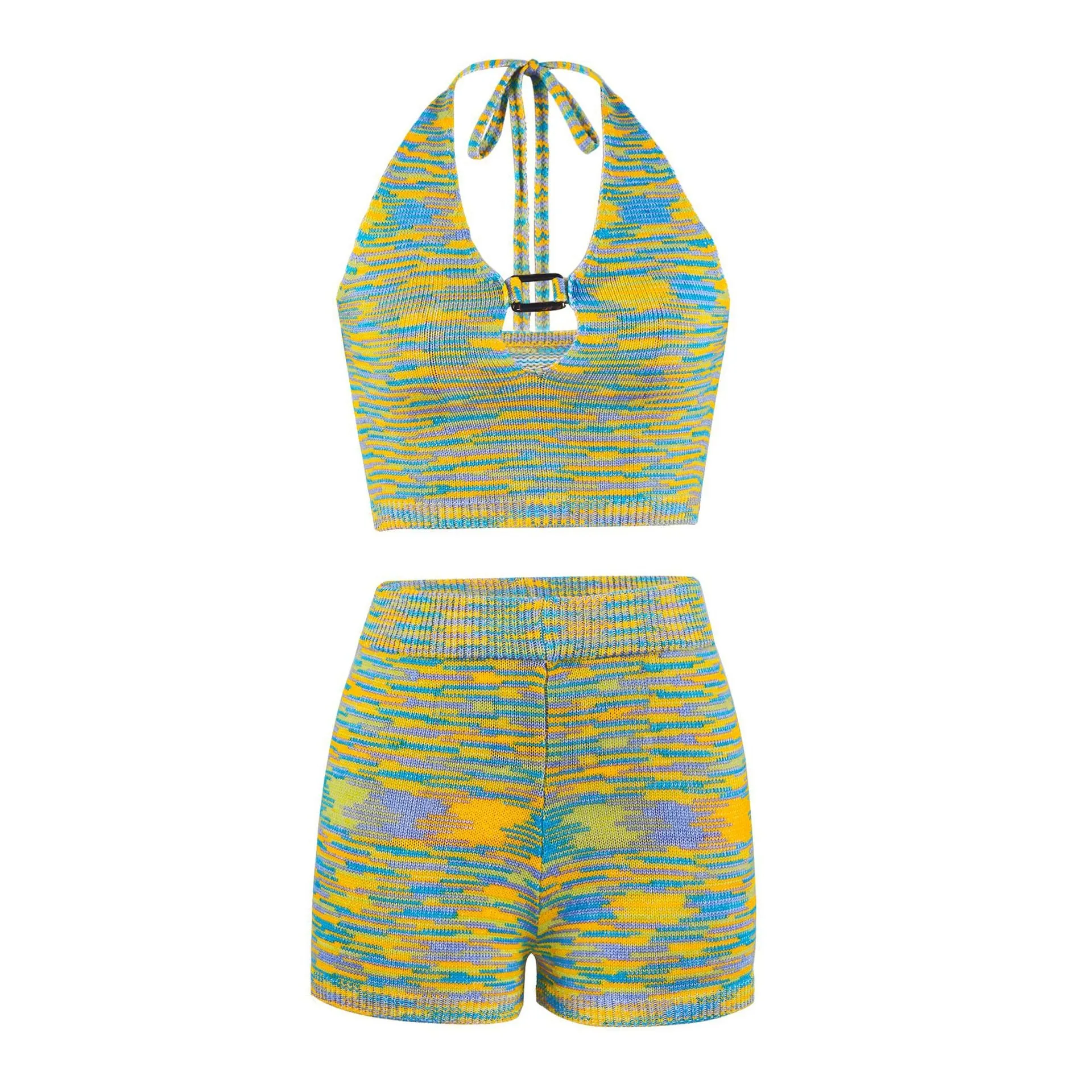Rainbow Print Halter Cut Out Crop Top and Shorts 2 Piece Matching Set Club Fashion Outfits Loungewear Set