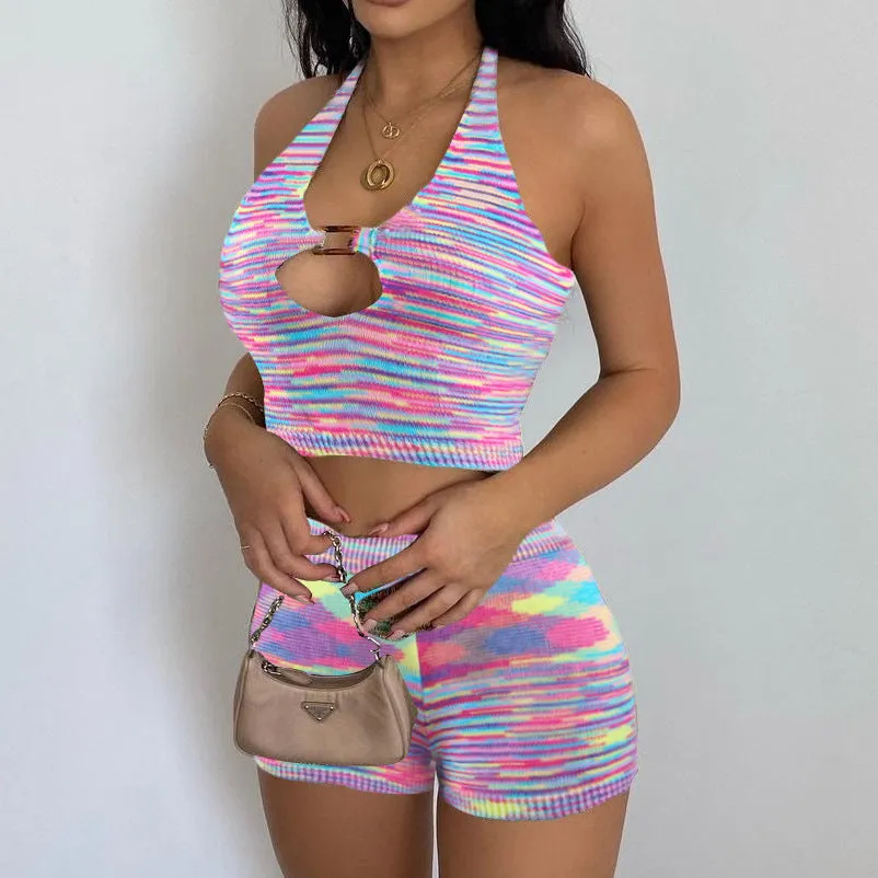 Rainbow Print Halter Cut Out Crop Top and Shorts 2 Piece Matching Set Club Fashion Outfits Loungewear Set