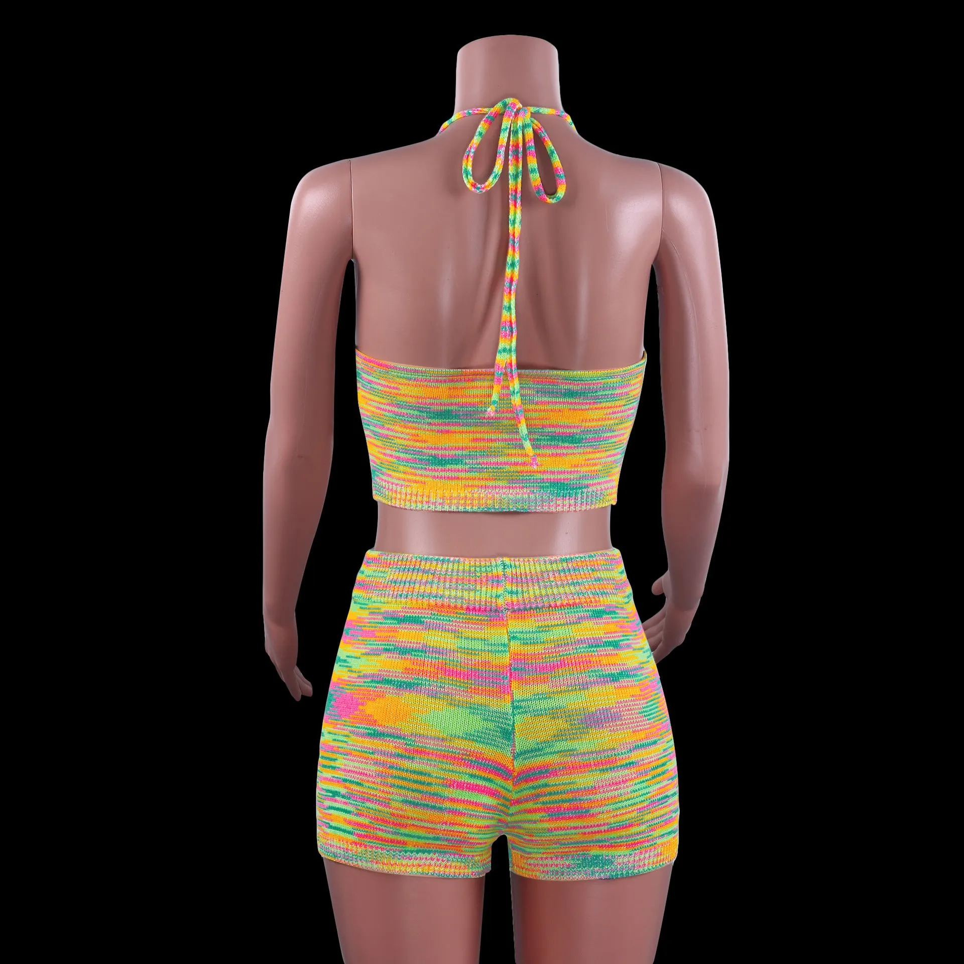 Rainbow Print Halter Cut Out Crop Top and Shorts 2 Piece Matching Set Club Fashion Outfits Loungewear Set