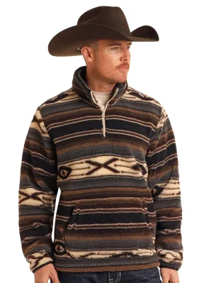 Rock and Roll Cowboy Men's Dark Brown Aztec Print 1/4 Zip Sherpa Pullover BM91T05370