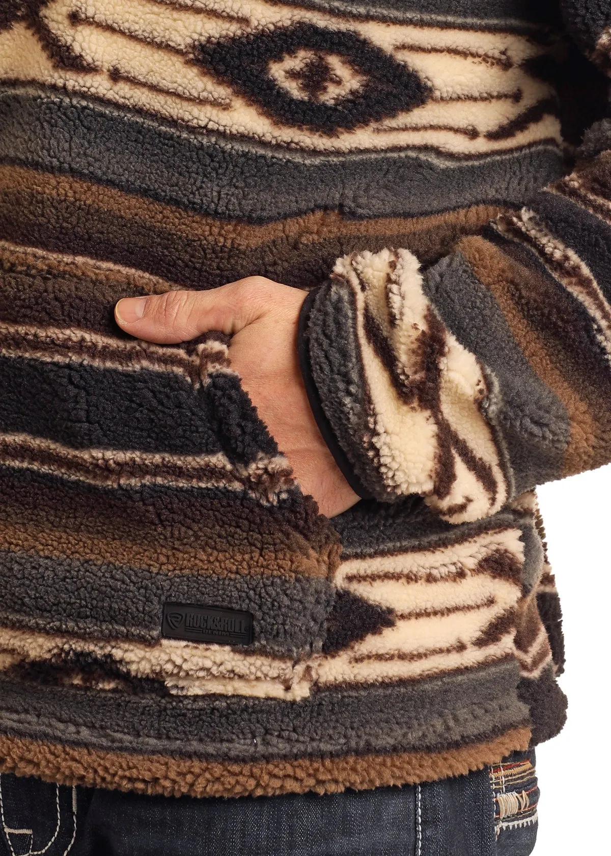 Rock and Roll Cowboy Men's Dark Brown Aztec Print 1/4 Zip Sherpa Pullover BM91T05370