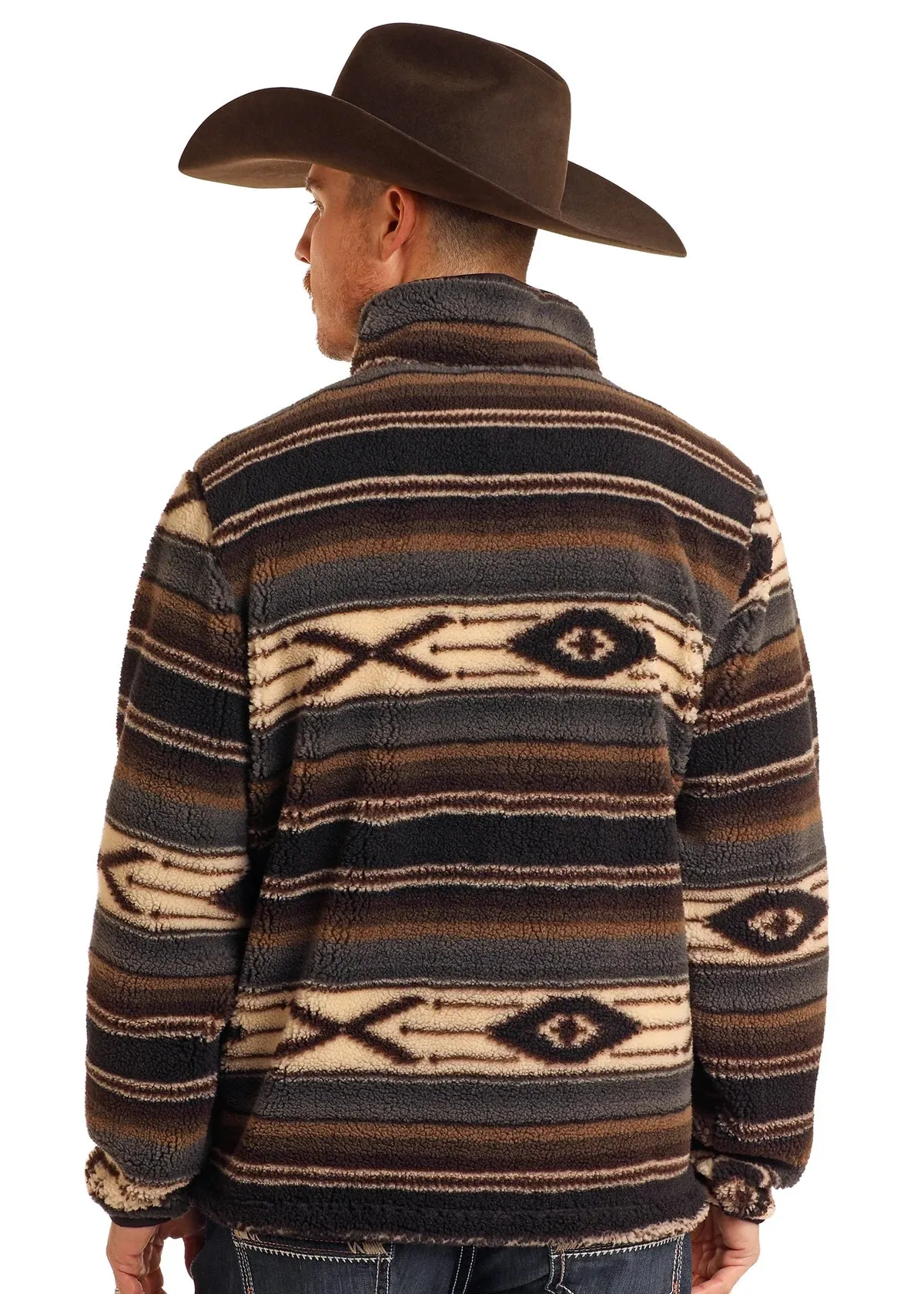 Rock and Roll Cowboy Men's Dark Brown Aztec Print 1/4 Zip Sherpa Pullover BM91T05370