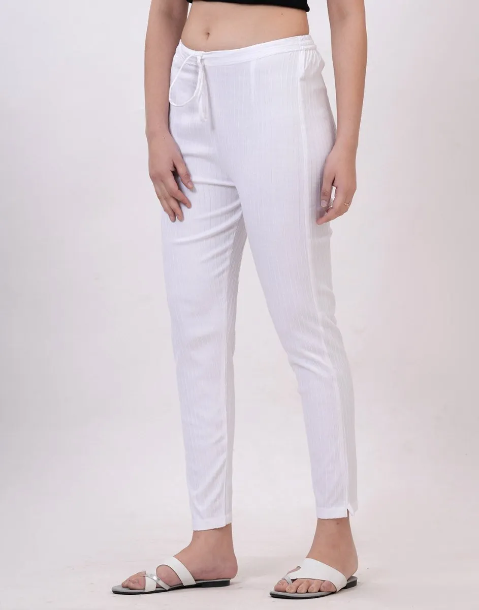 Satrangi Women's White Viscose Ribbed Lycra Trouser