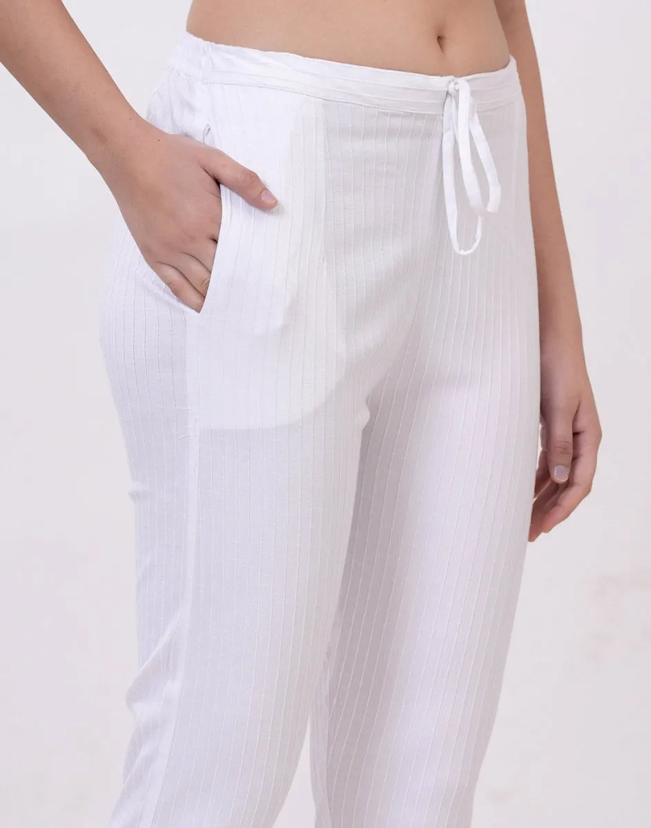 Satrangi Women's White Viscose Ribbed Lycra Trouser