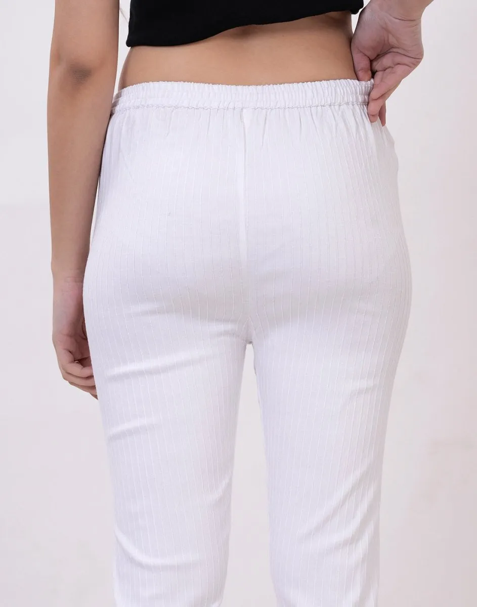 Satrangi Women's White Viscose Ribbed Lycra Trouser