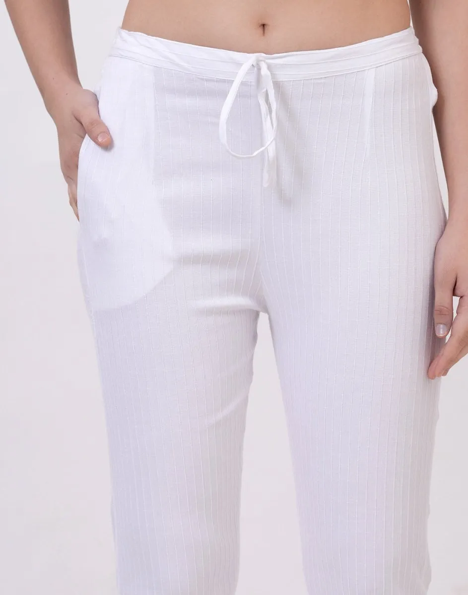 Satrangi Women's White Viscose Ribbed Lycra Trouser