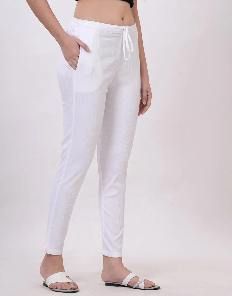 Satrangi Women's White Viscose Ribbed Lycra Trouser