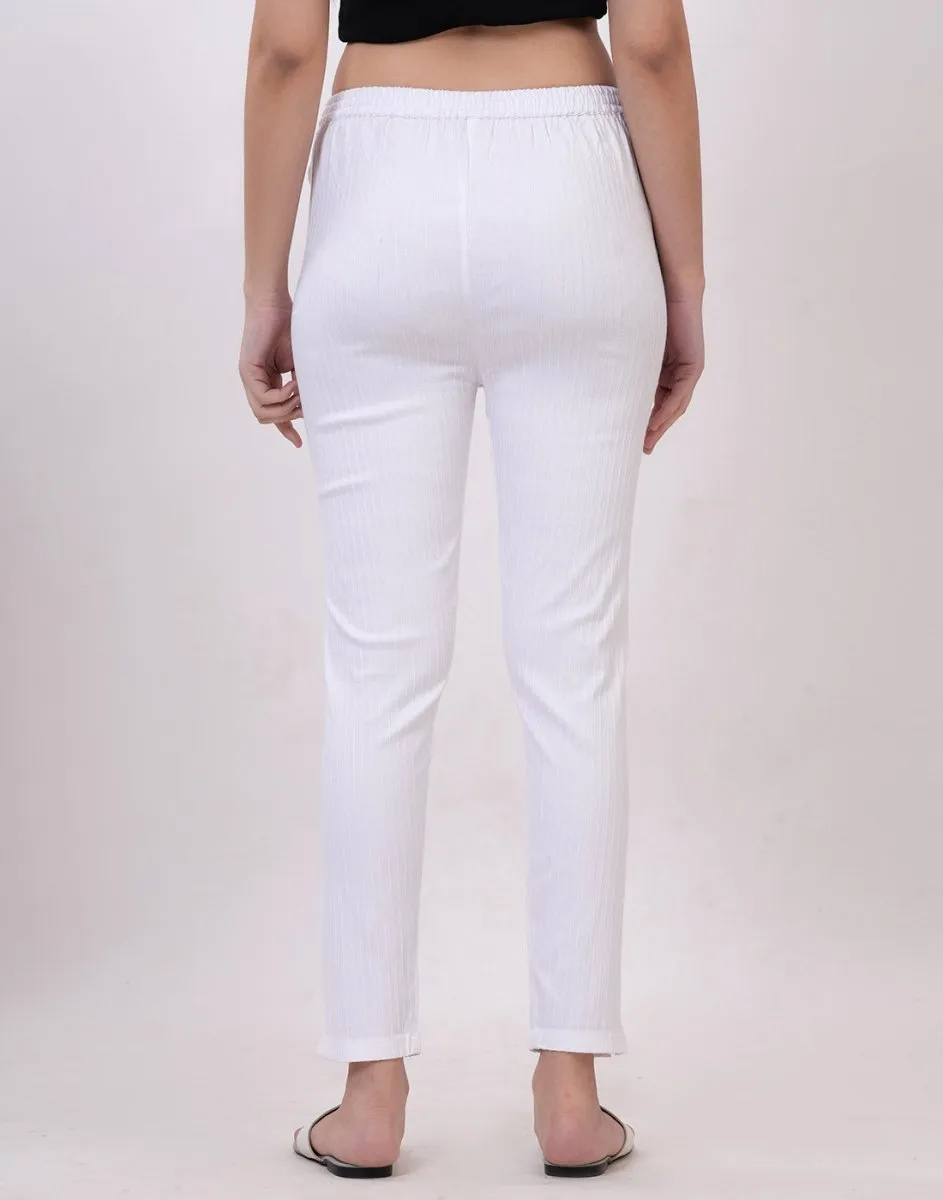 Satrangi Women's White Viscose Ribbed Lycra Trouser