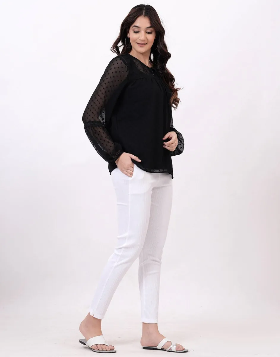 Satrangi Women's White Viscose Ribbed Lycra Trouser