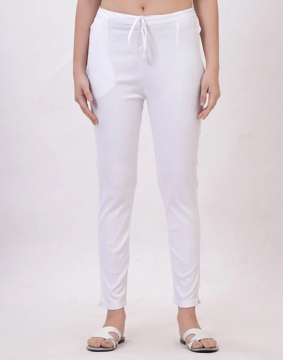 Satrangi Women's White Viscose Ribbed Lycra Trouser