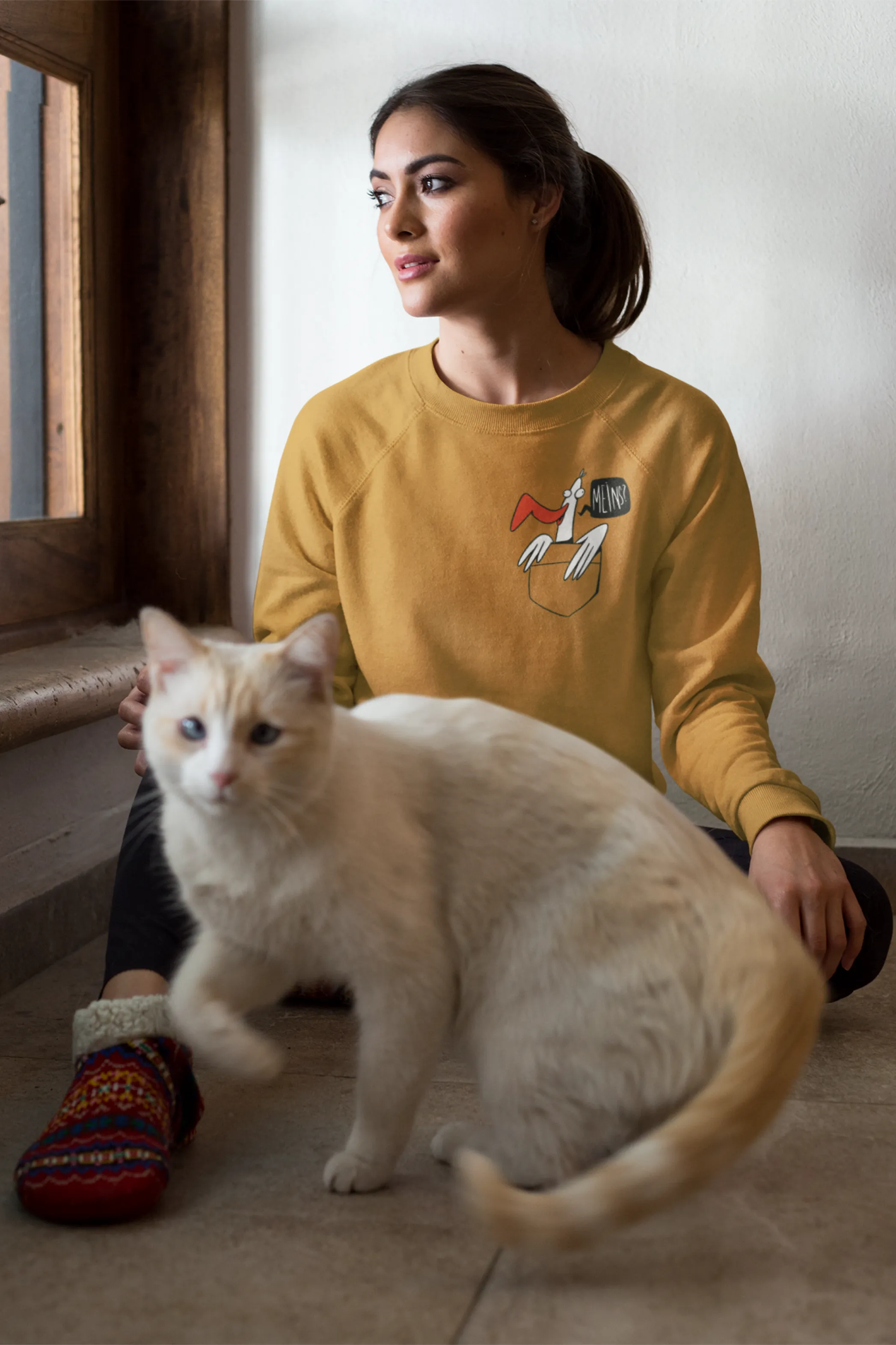 Seagull Bird In Pocket Mustard Yellow Printed Sweatshirt for women