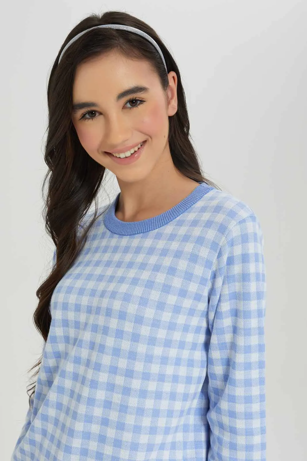 Senior Girls Blue and White Gingham Print Pullover