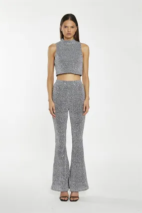 Silver-Sequin Plisse  Flared-Trousers