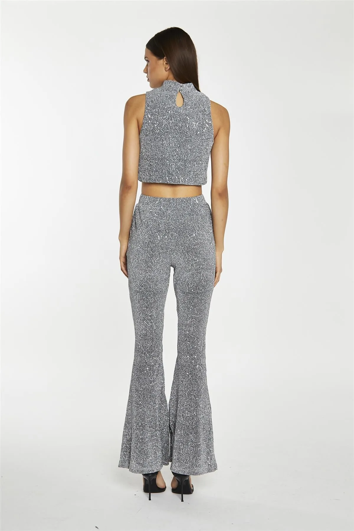 Silver-Sequin Plisse  Flared-Trousers
