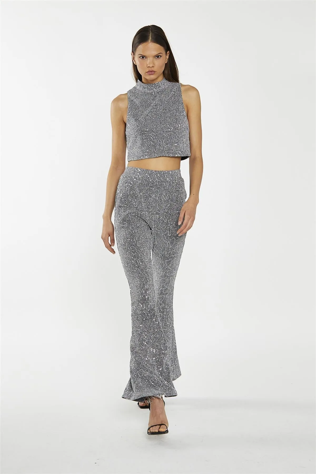 Silver-Sequin Plisse  Flared-Trousers
