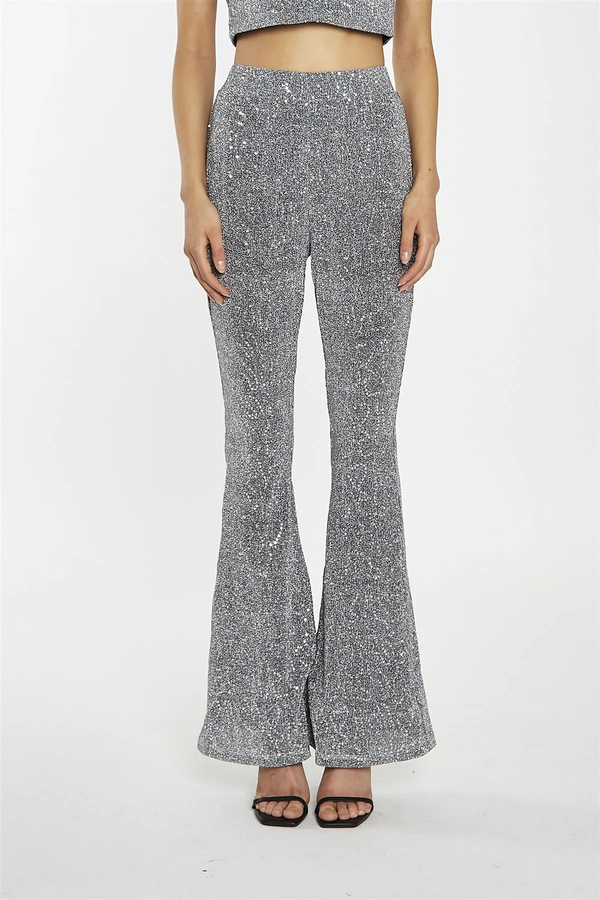 Silver-Sequin Plisse  Flared-Trousers