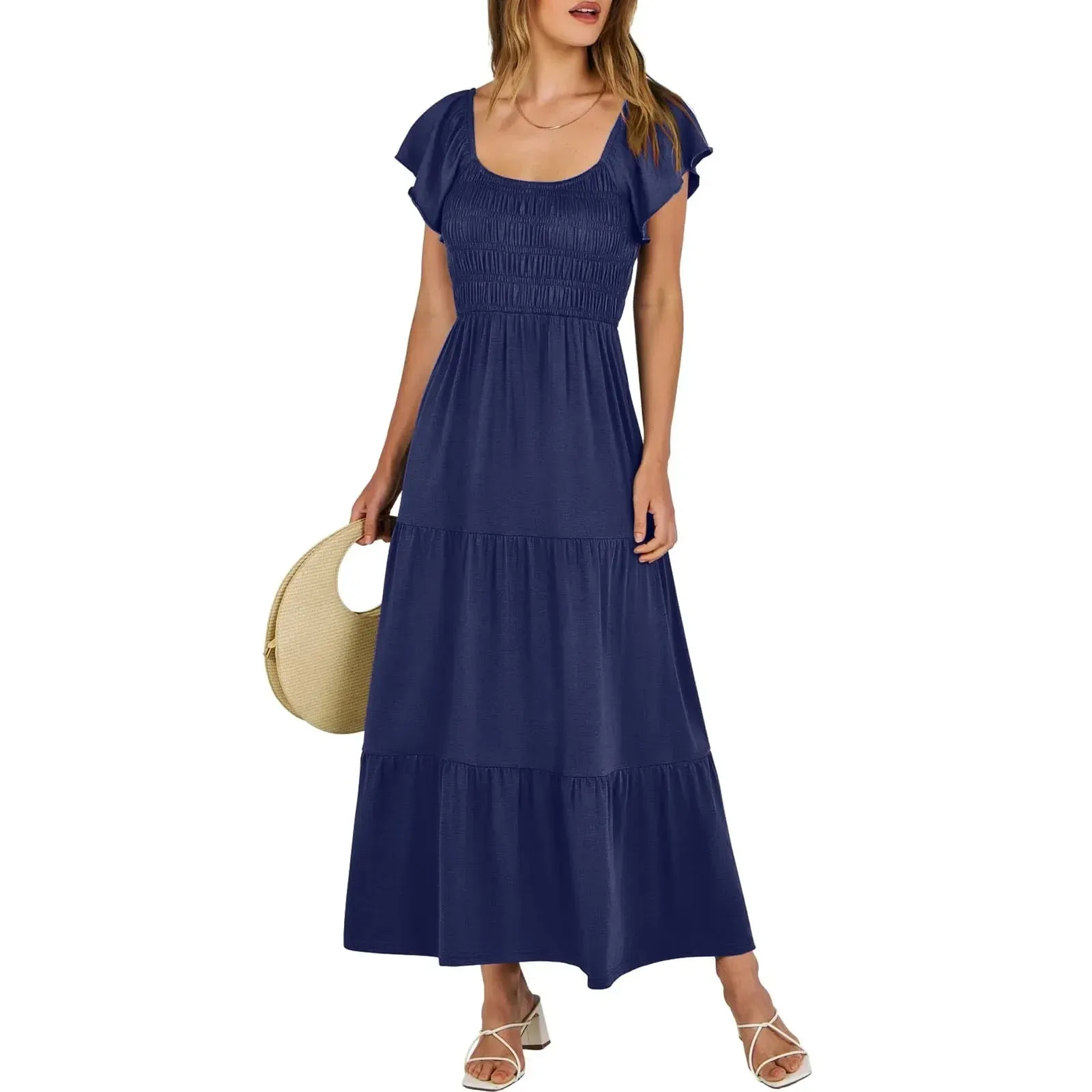 Sleeve Round Neck A-Line Ruched Fashion Summer Holiday Vacation Midi Short Dress