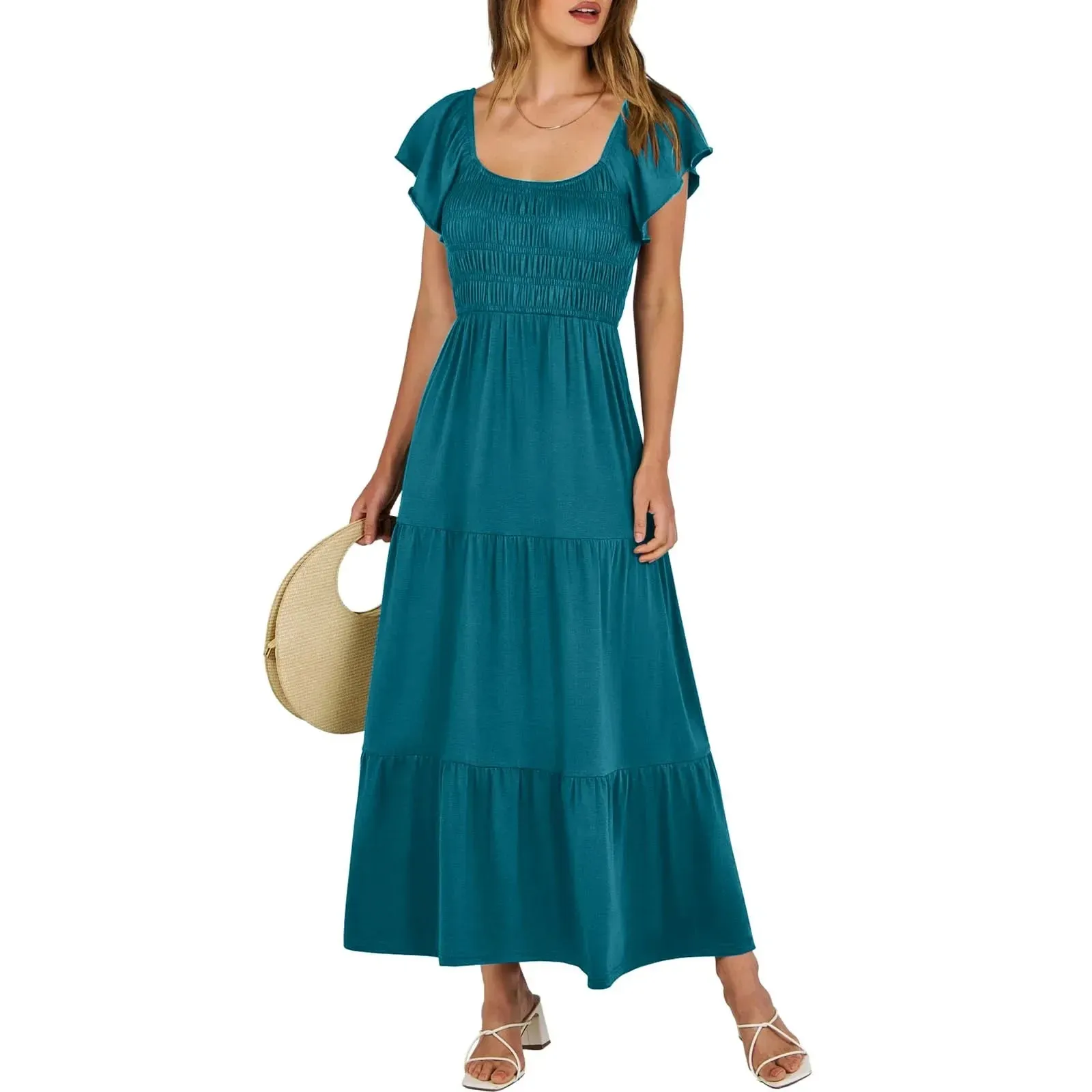 Sleeve Round Neck A-Line Ruched Fashion Summer Holiday Vacation Midi Short Dress