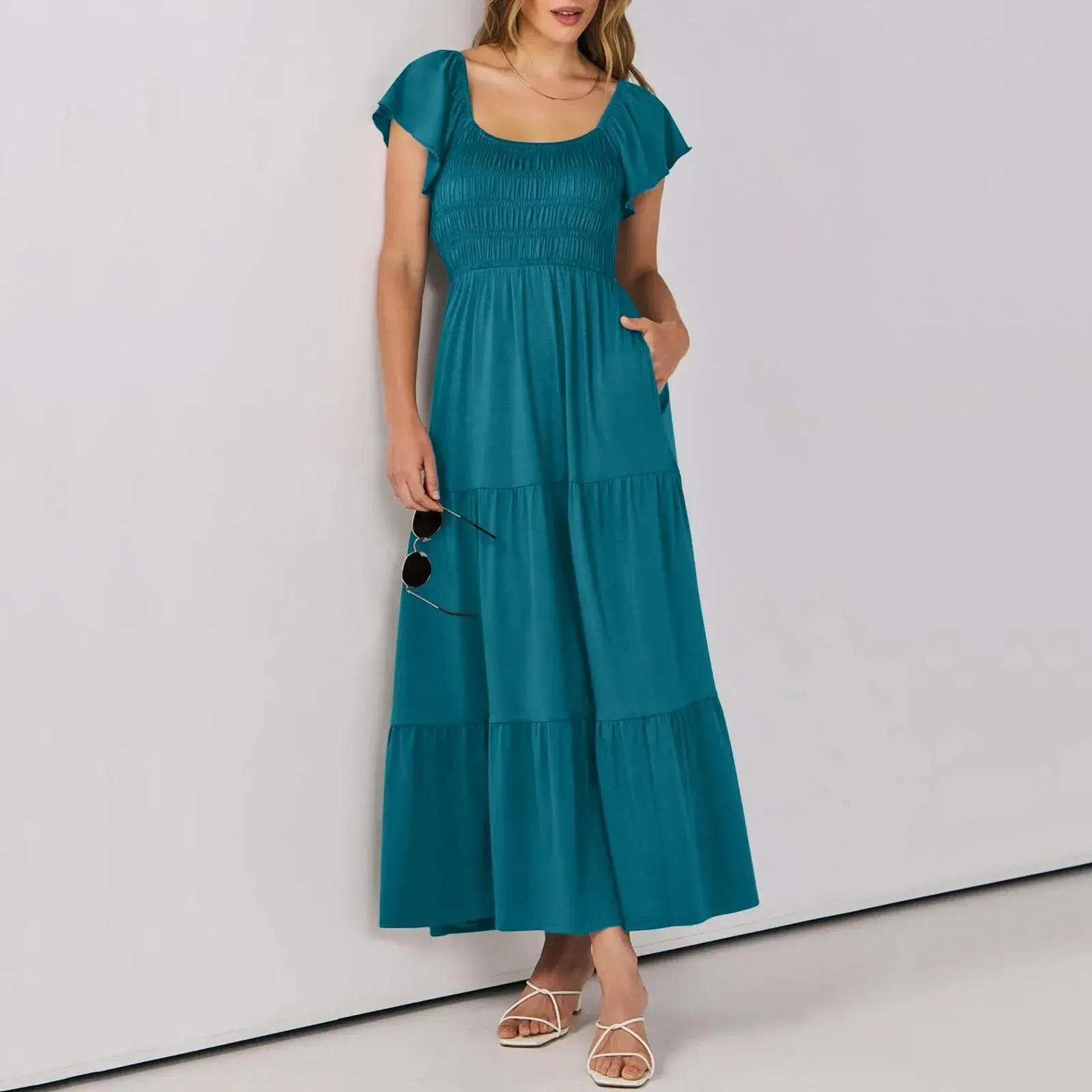 Sleeve Round Neck A-Line Ruched Fashion Summer Holiday Vacation Midi Short Dress