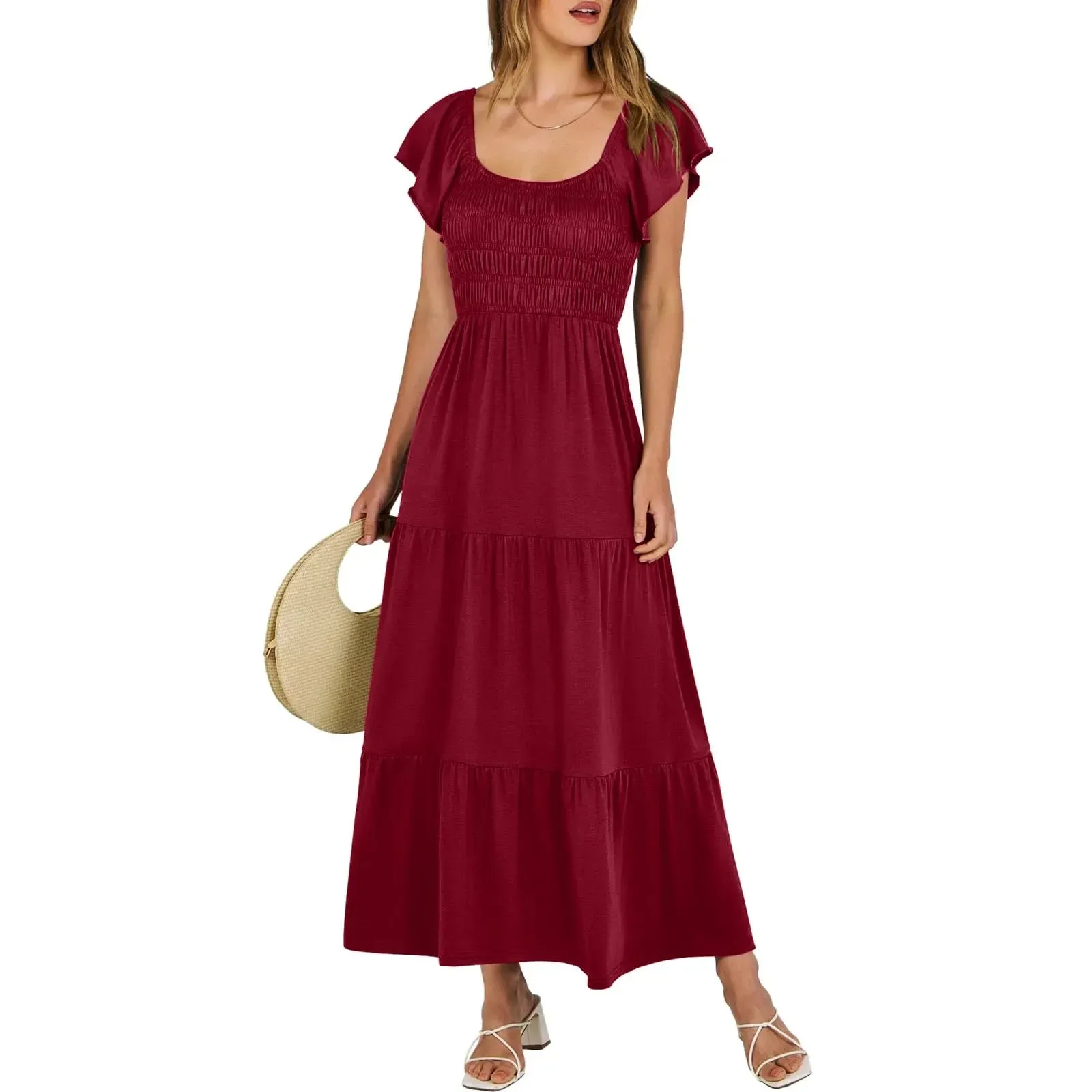 Sleeve Round Neck A-Line Ruched Fashion Summer Holiday Vacation Midi Short Dress