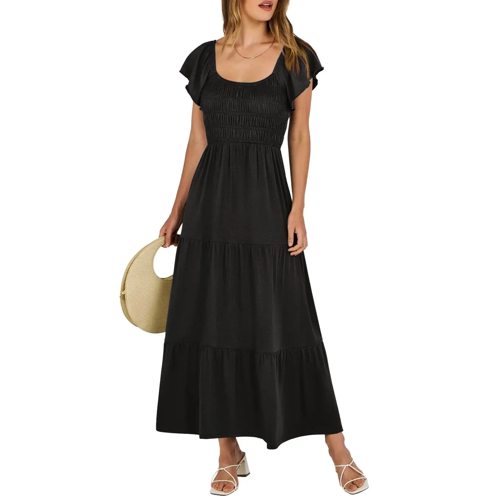 Sleeve Round Neck A-Line Ruched Fashion Summer Holiday Vacation Midi Short Dress