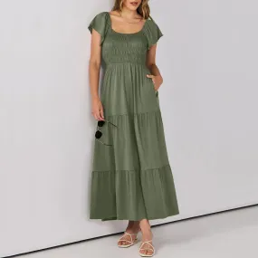 Sleeve Round Neck A-Line Ruched Fashion Summer Holiday Vacation Midi Short Dress