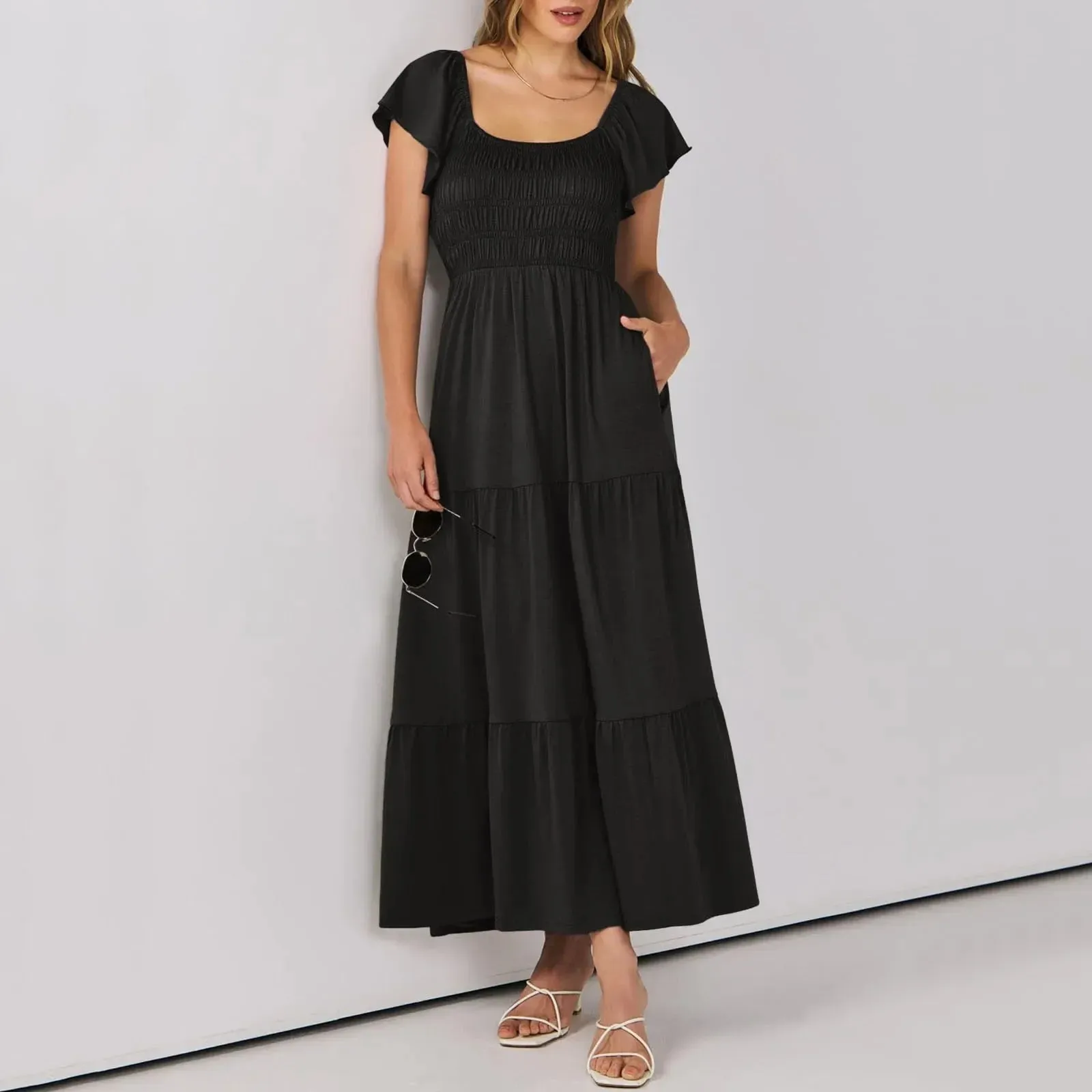 Sleeve Round Neck A-Line Ruched Fashion Summer Holiday Vacation Midi Short Dress