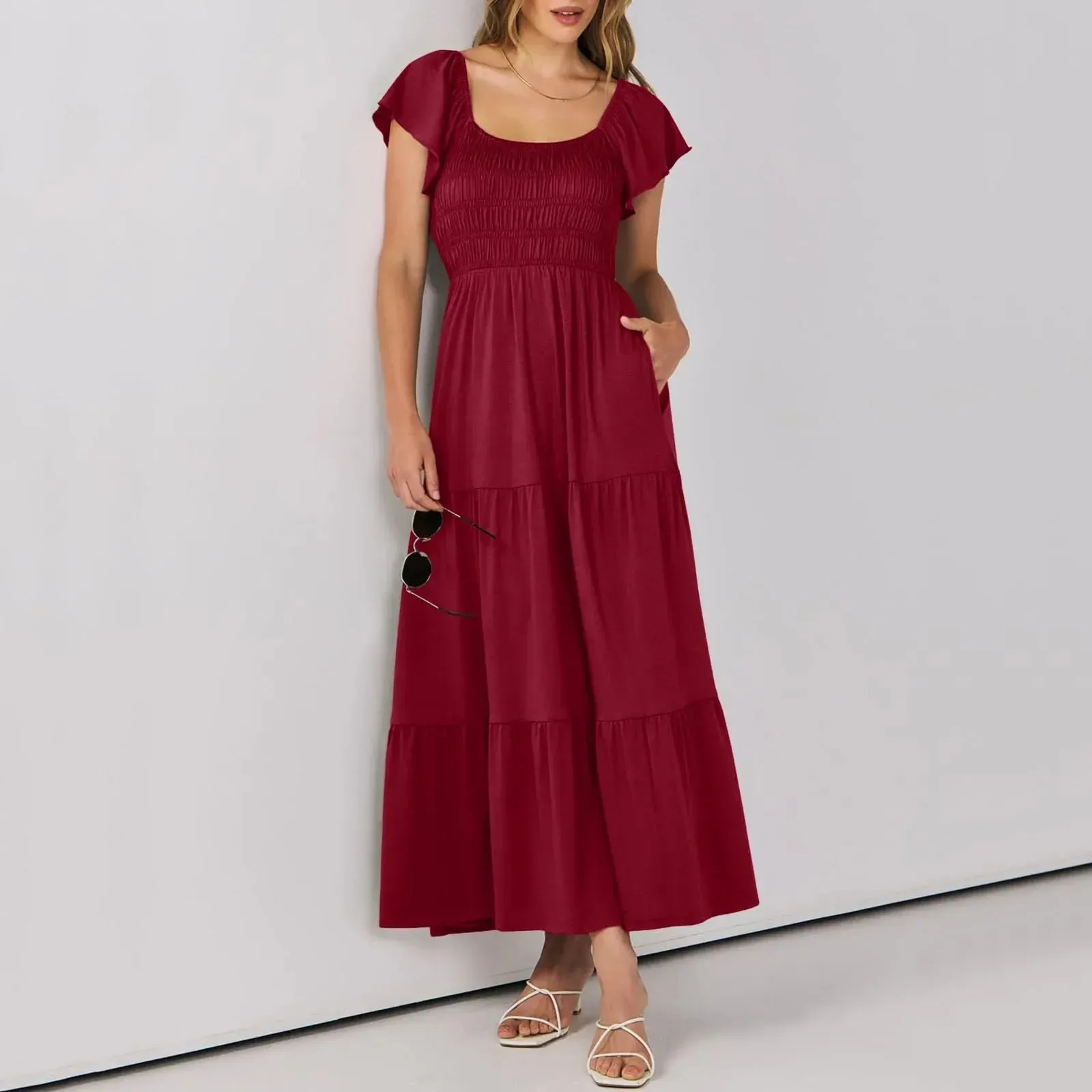 Sleeve Round Neck A-Line Ruched Fashion Summer Holiday Vacation Midi Short Dress