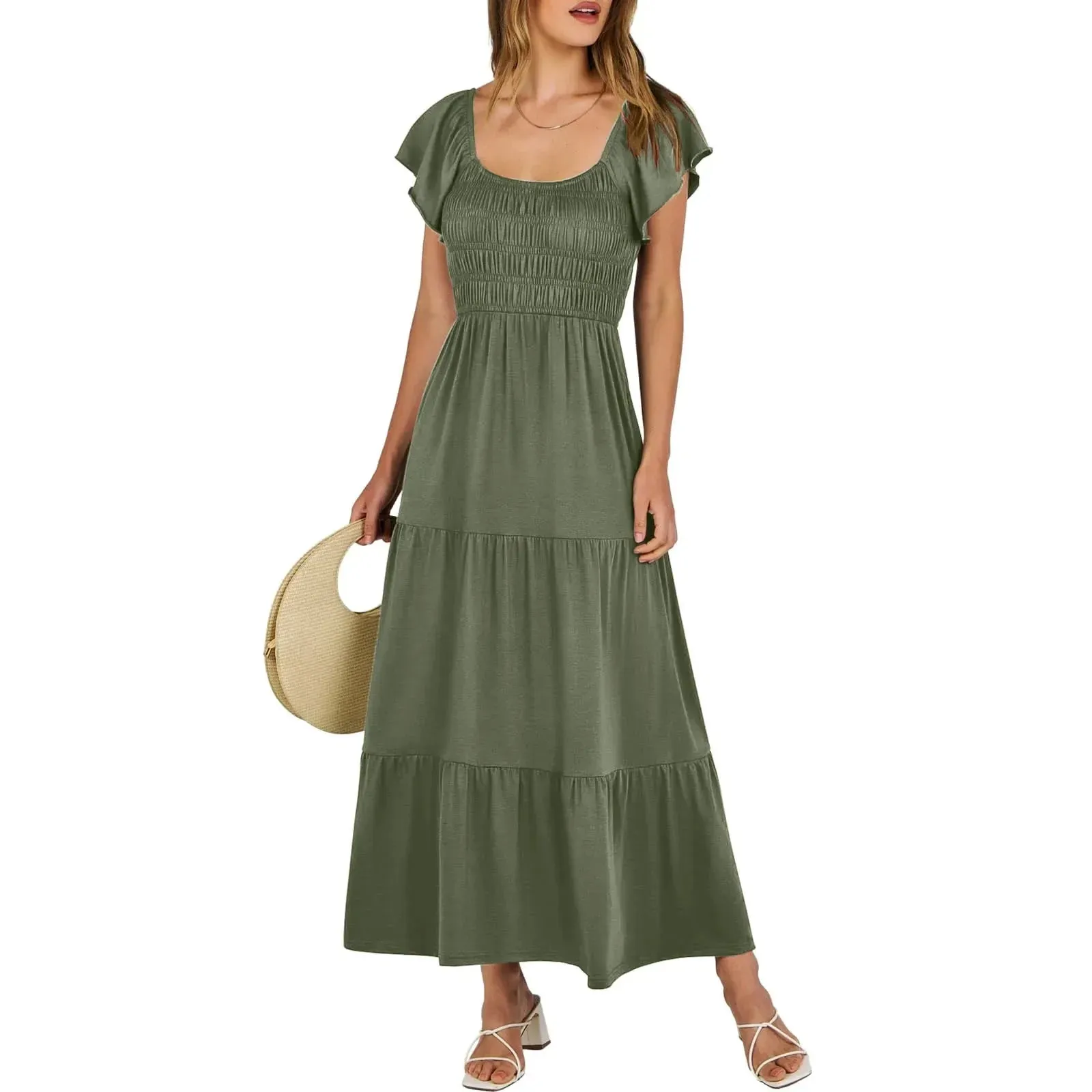 Sleeve Round Neck A-Line Ruched Fashion Summer Holiday Vacation Midi Short Dress