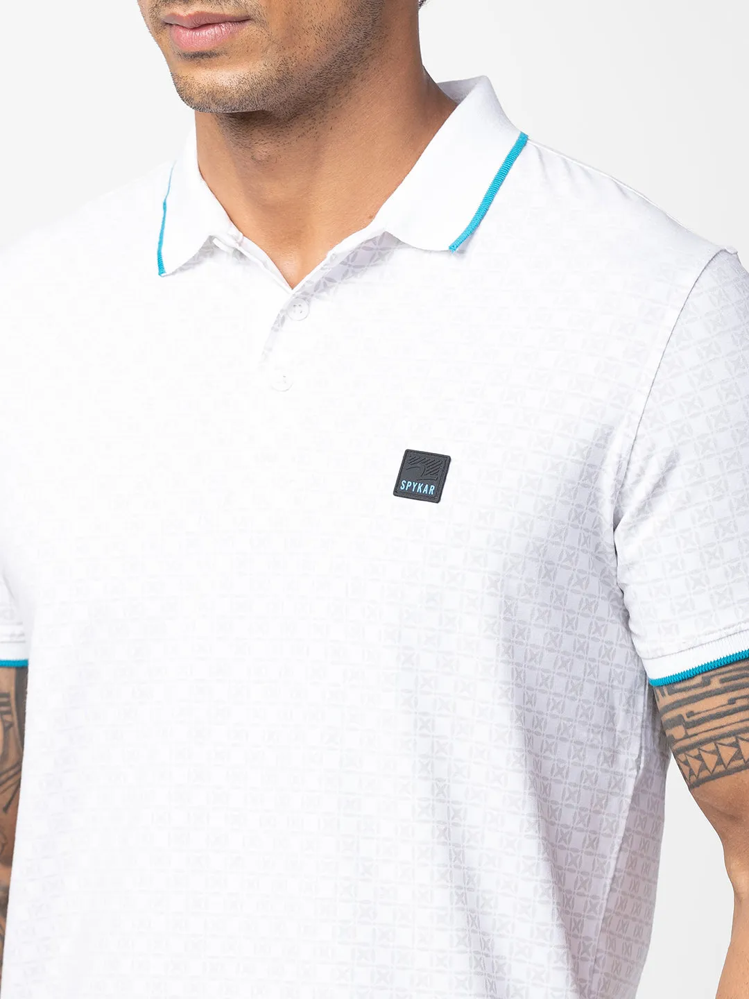 Spykar Men White Cotton Regular Fit Half Sleeve Printed Polo T-Shirt