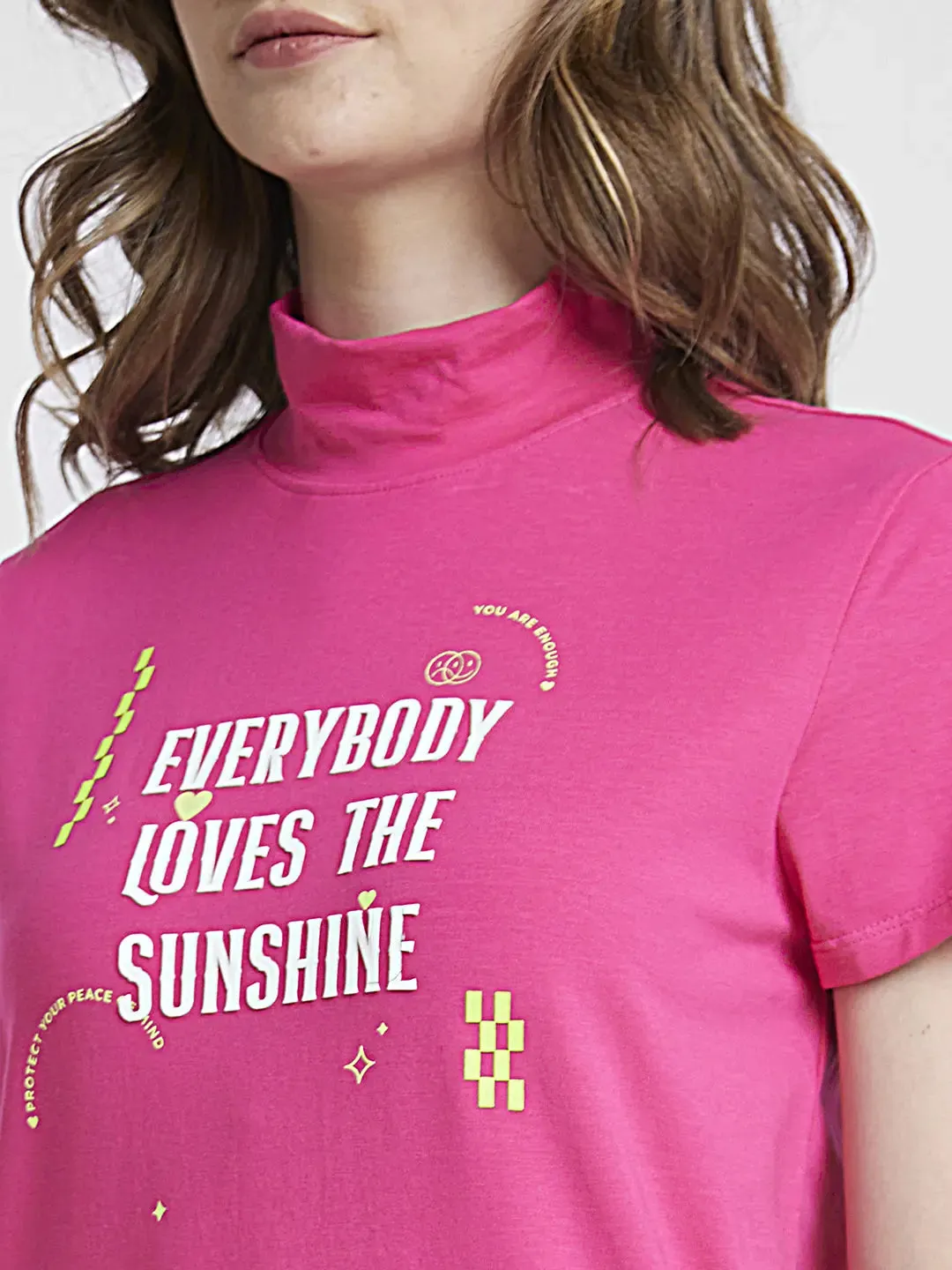 Spykar Women Luminous Pink Blended Regular Fit Half Sleeve High Neck Printed Tshirt