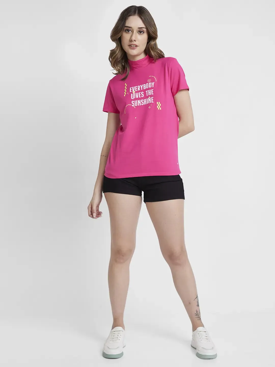 Spykar Women Luminous Pink Blended Regular Fit Half Sleeve High Neck Printed Tshirt