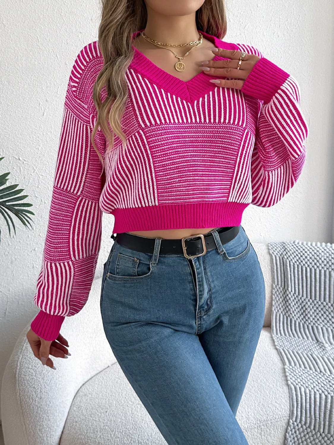 Striped Cropped Women Sweater V-Neck Long Sleeve Soft Knit Pullover