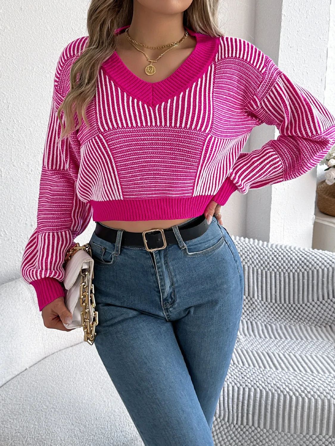 Striped Cropped Women Sweater V-Neck Long Sleeve Soft Knit Pullover