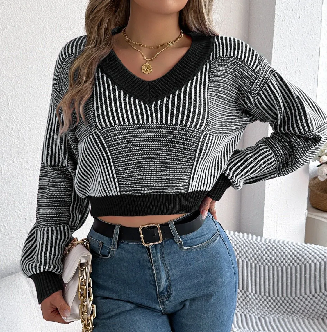 Striped Cropped Women Sweater V-Neck Long Sleeve Soft Knit Pullover