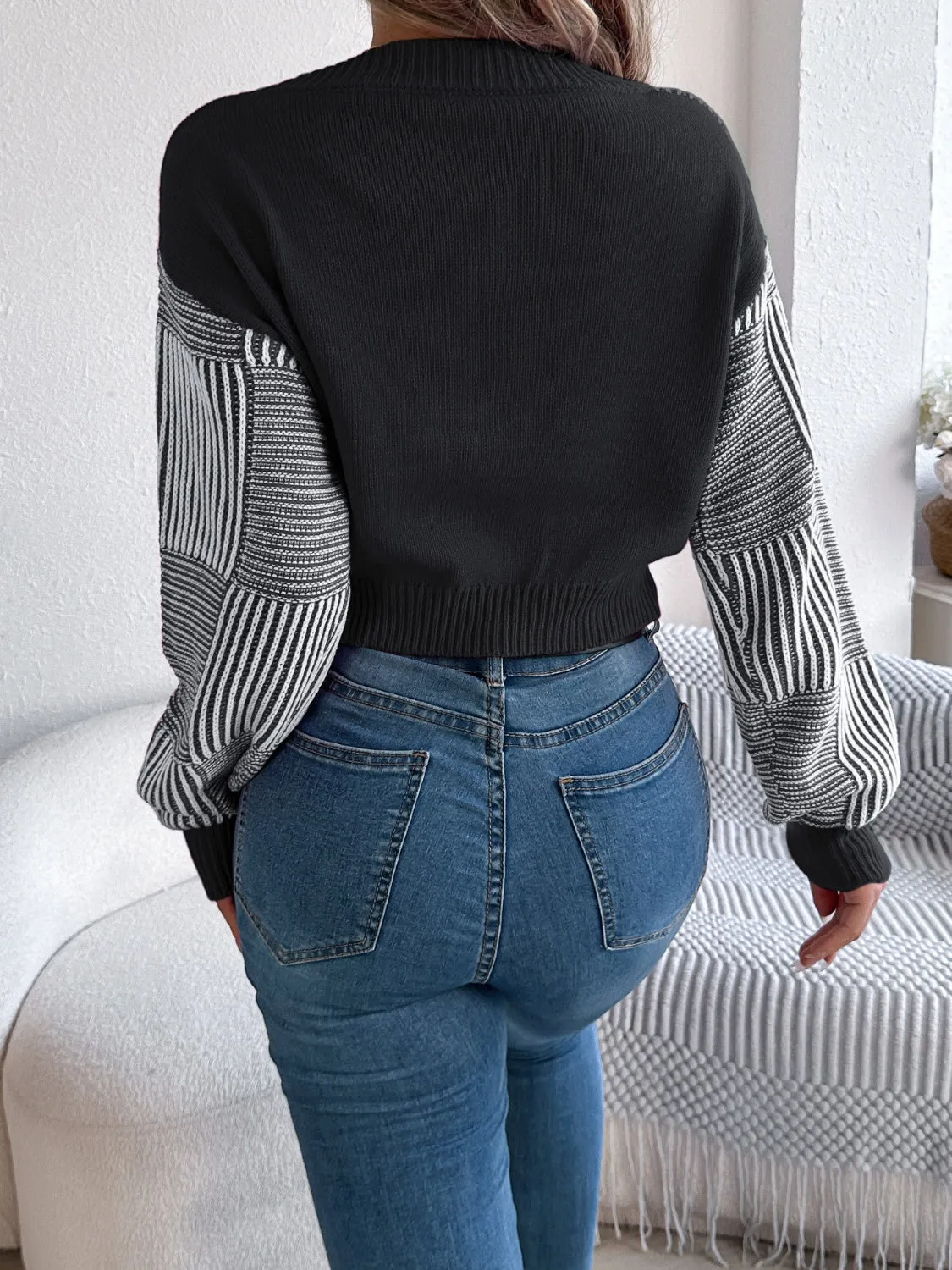 Striped Cropped Women Sweater V-Neck Long Sleeve Soft Knit Pullover