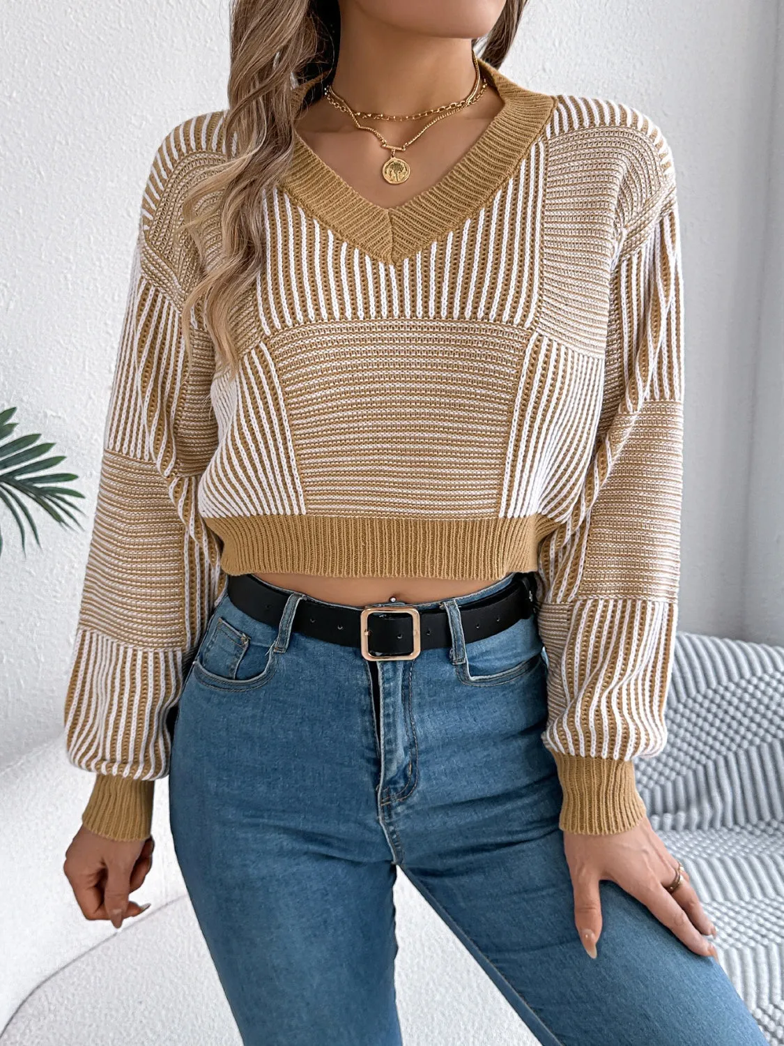 Striped Cropped Women Sweater V-Neck Long Sleeve Soft Knit Pullover