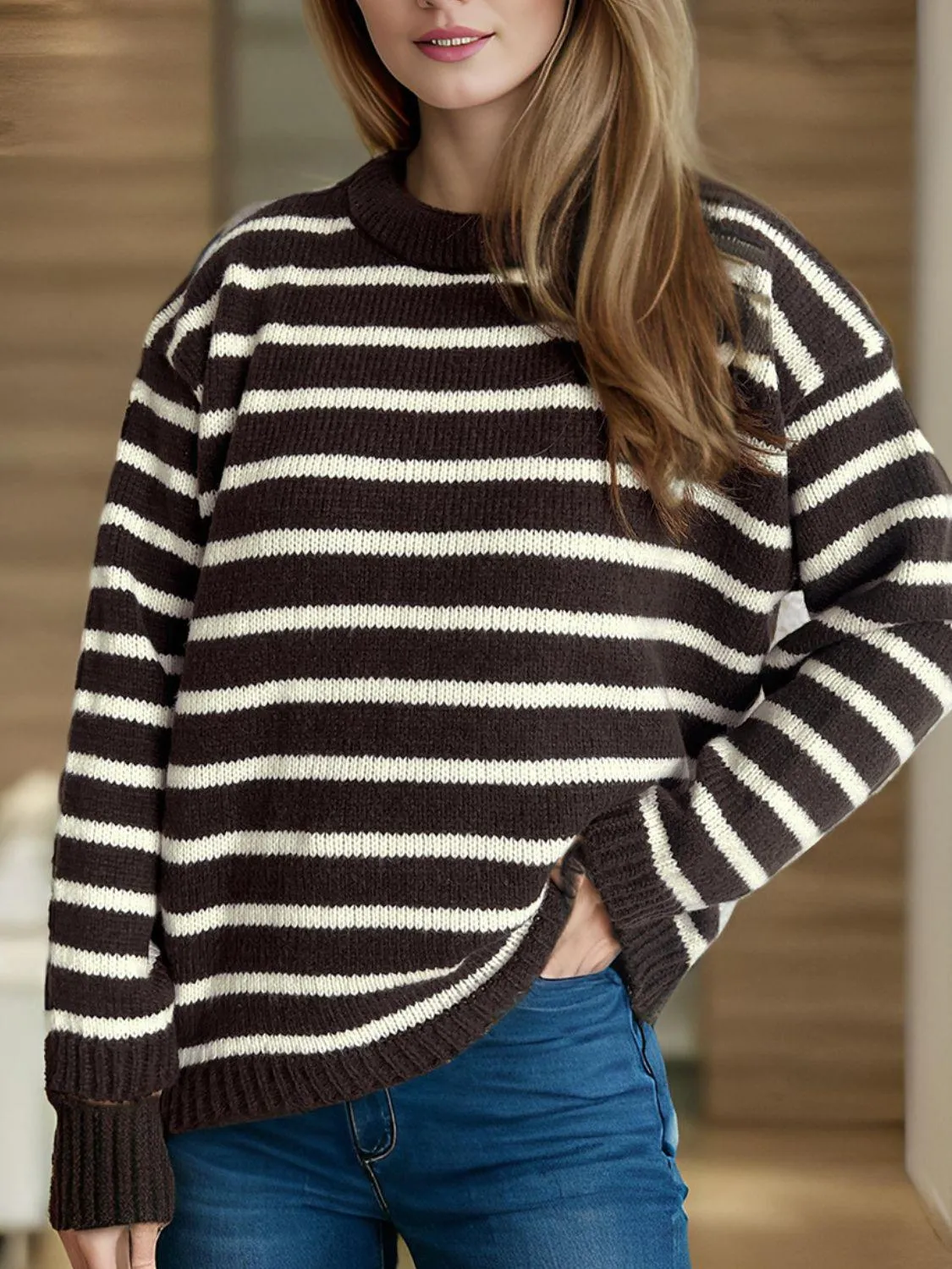 Striped Sweater Round Neck Long Sleeve Oversized Soft Knit Pullover