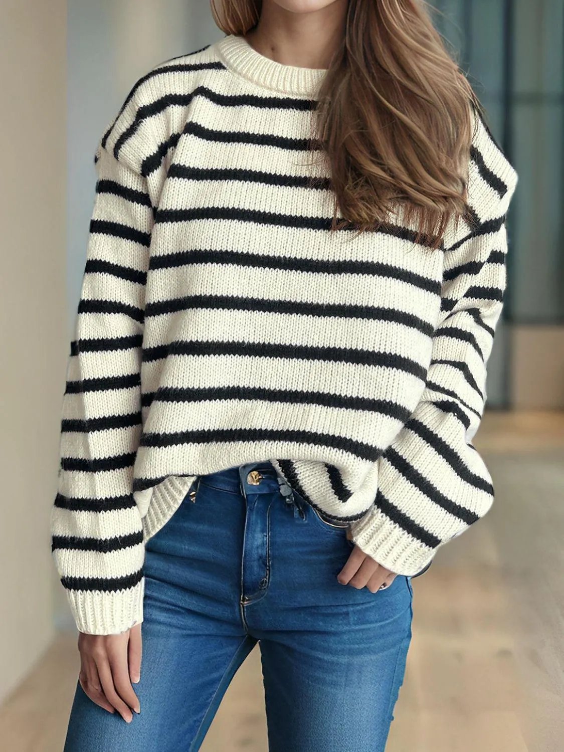 Striped Sweater Round Neck Long Sleeve Oversized Soft Knit Pullover
